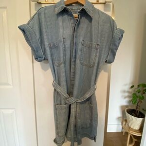 Erica Adela Pinstripe Women’s Med Denim Blue Utility Romper Belted Light Wash